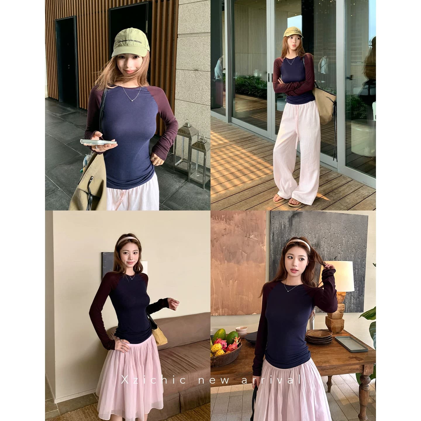 한 부서 디자인 센스 라운드 넥 배색 삽입 어깨 소매 길이 소매 티셔츠 여성 가을 다용도 몸매 가꾸기 슬림해 보이는 작은 대중 고유 한 맨위 상세 이미지 2