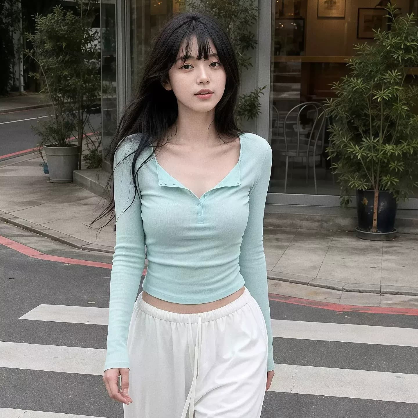 한 부서 반 개방 칼라 긴팔 티셔츠 여성 여름 박하 녹색 몸매 가꾸기 슬림해 보이는 다용도 고급 센스 자외선 차단 블라우스 맨위 상세 이미지 3