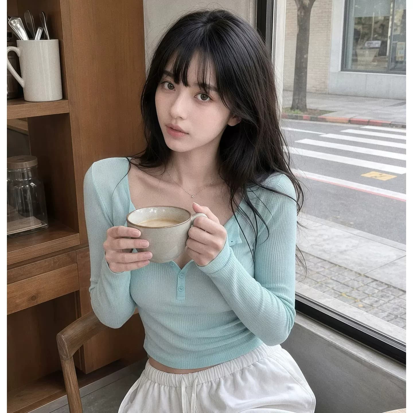 한 부서 반 개방 칼라 긴팔 티셔츠 여성 여름 박하 녹색 몸매 가꾸기 슬림해 보이는 다용도 고급 센스 자외선 차단 블라우스 맨위 상세 이미지 5
