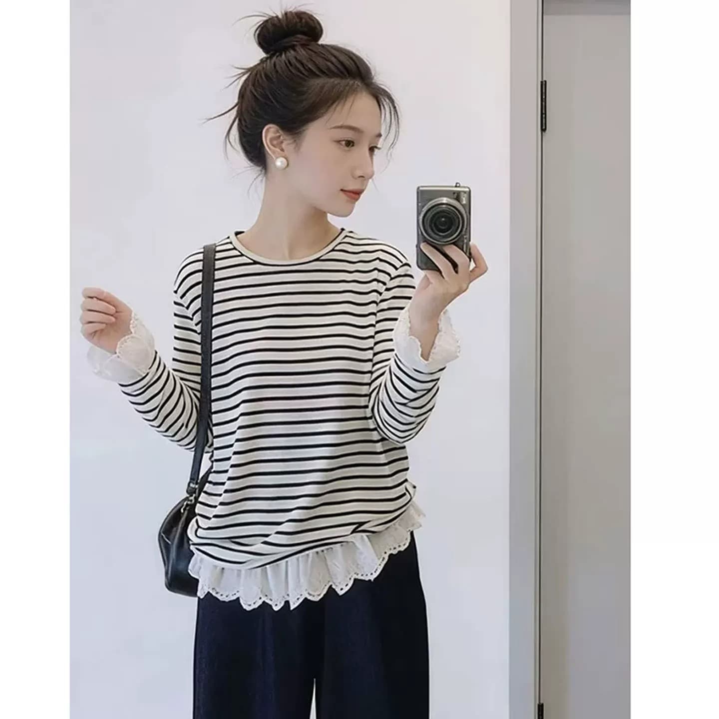 프랑스식 레이스 조각 스트라이프 긴팔 티셔츠 여성 2026 가을 디자인 센스 작은 대중 고유 한 페이크 레이어드 스택 착용 맨위 상세 이미지 1