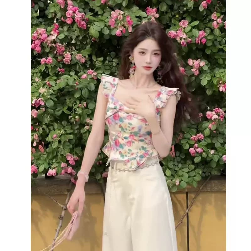 프랑스식 전원 바람 광장 칼라 작은 날다 소매 꽃무늬 조끼 여성 여름 몸매 가꾸기 슬림해 보이는 달콤함 연령 감소 고유 한 맨위 얇은 이미지 3