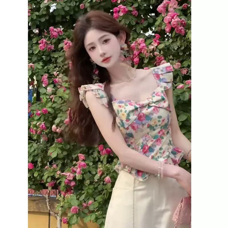 프랑스식 전원 바람 광장 칼라 작은 날다 소매 꽃무늬 조끼 여성 여름 몸매 가꾸기 슬림해 보이는 달콤함 연령 감소 고유 한 맨위 얇은 이미지 2
