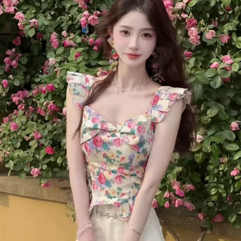 프랑스식 전원 바람 광장 칼라 작은 날다 소매 꽃무늬 조끼 여성 여름 몸매 가꾸기 슬림해 보이는 달콤함 연령 감소 고유 한 맨위 얇은 상세 이미지 1