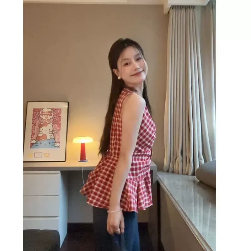 프랑스식 레트로 체크무늬 V넥 민소매 여성 셔츠 여름 새로운 허리 수축 주름 슬림해 보이는 연령 감소 얇은 조끼 맨위 이미지 2