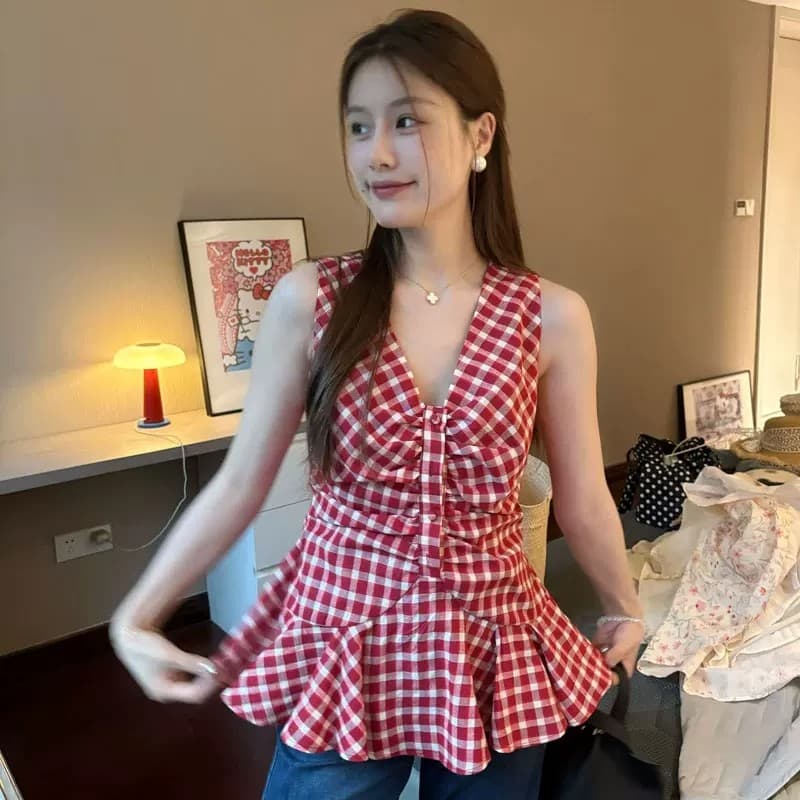 프랑스식 레트로 체크무늬 V넥 민소매 여성 셔츠 여름 새로운 허리 수축 주름 슬림해 보이는 연령 감소 얇은 조끼 맨위 상세 이미지 1
