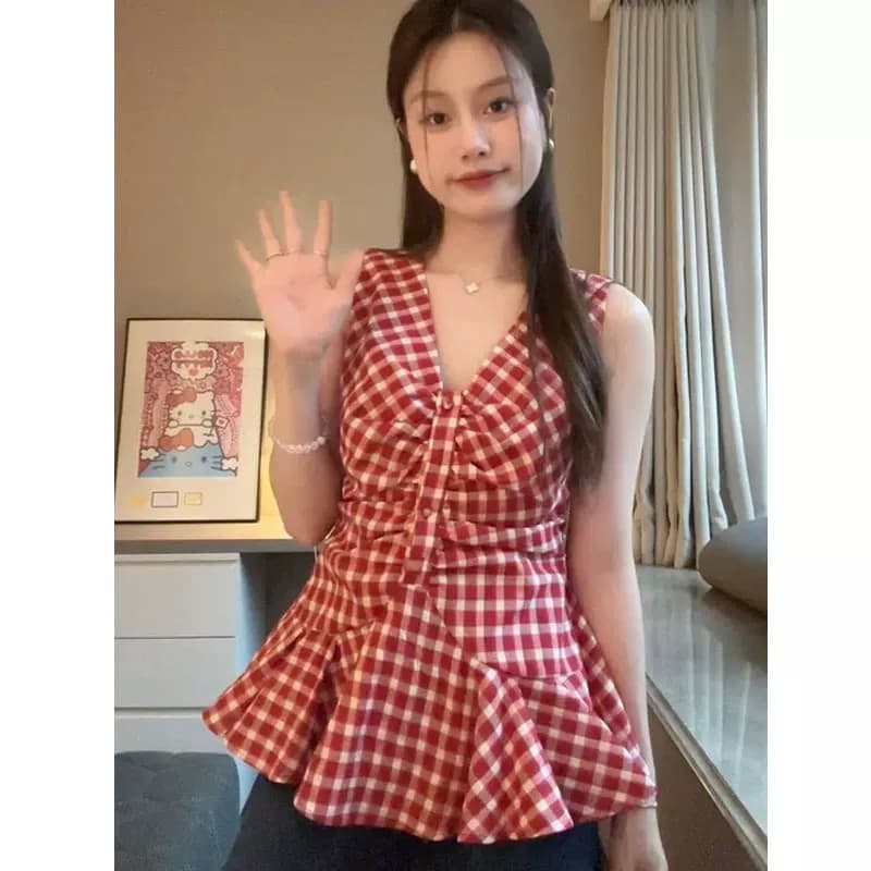 프랑스식 레트로 체크무늬 V넥 민소매 여성 셔츠 여름 새로운 허리 수축 주름 슬림해 보이는 연령 감소 얇은 조끼 맨위 상세 이미지 2