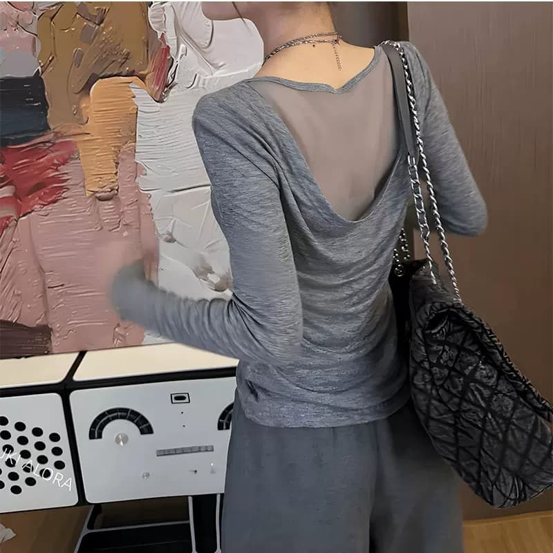회색 라운드 넥 백리스 망사 패치워크 긴팔 티셔츠 여성 이른 가을 디자인 센스 작은 대중 고유 한 슈퍼 잘 생긴 맨위 얇은 이미지 5