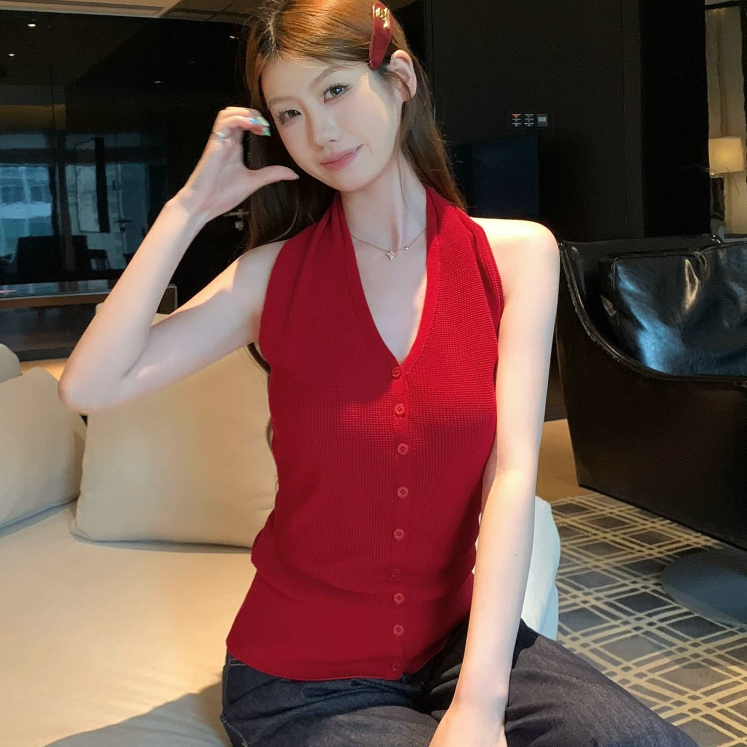 프랑스식 행침 목 V넥 니트 조끼 여성 여름 검정색 단추 몸매 가꾸기 허리 수축 슬림해 보이는 슈퍼 잘 생긴 민소매 맨위 상세 이미지 3