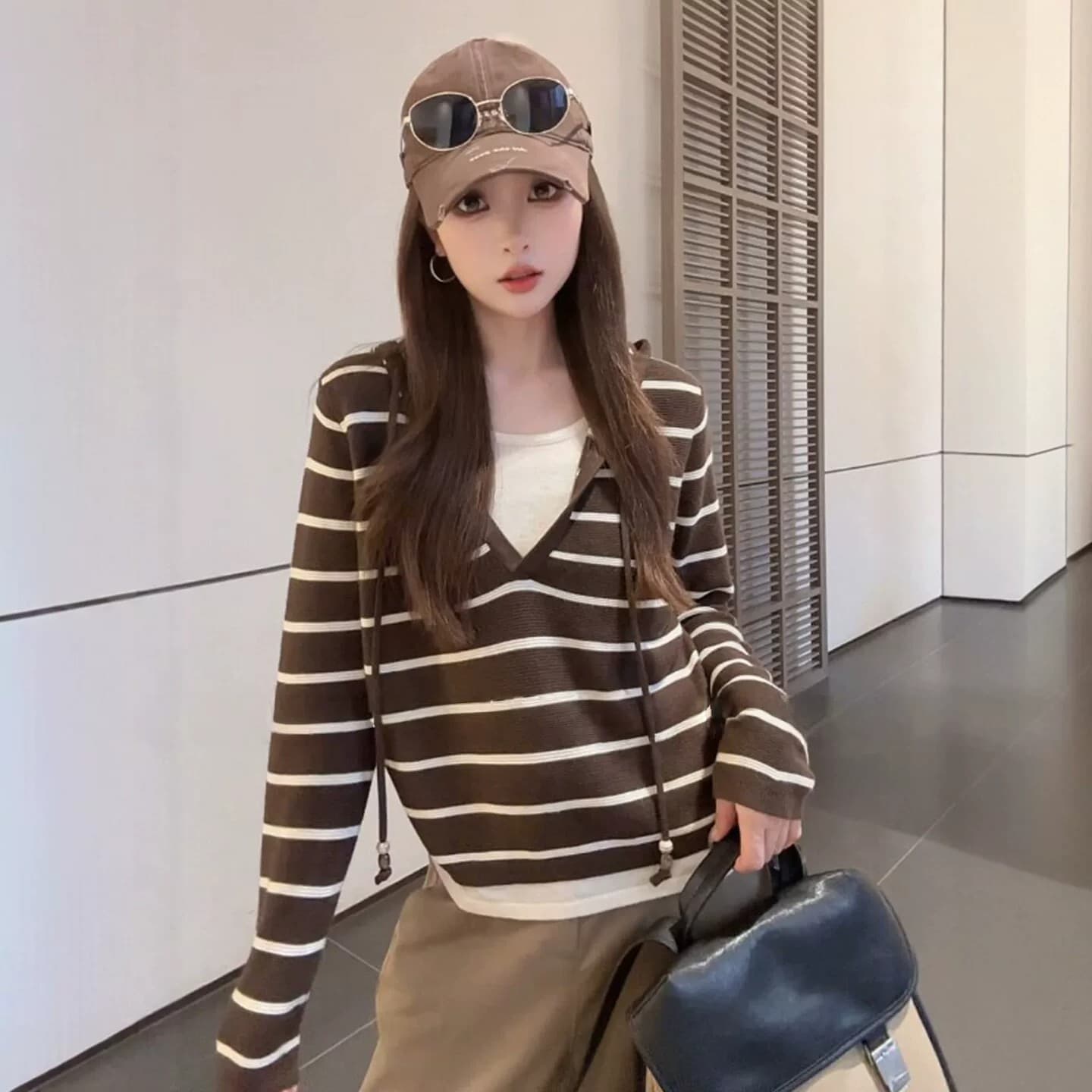 배색 페이크 레이어드 스트라이프 후드 니트 스웨터 여성 느긋한 바람 패션 외국 가스 그레이트 봐 의류 아니요 명중 섹션 가을 상세 이미지 1