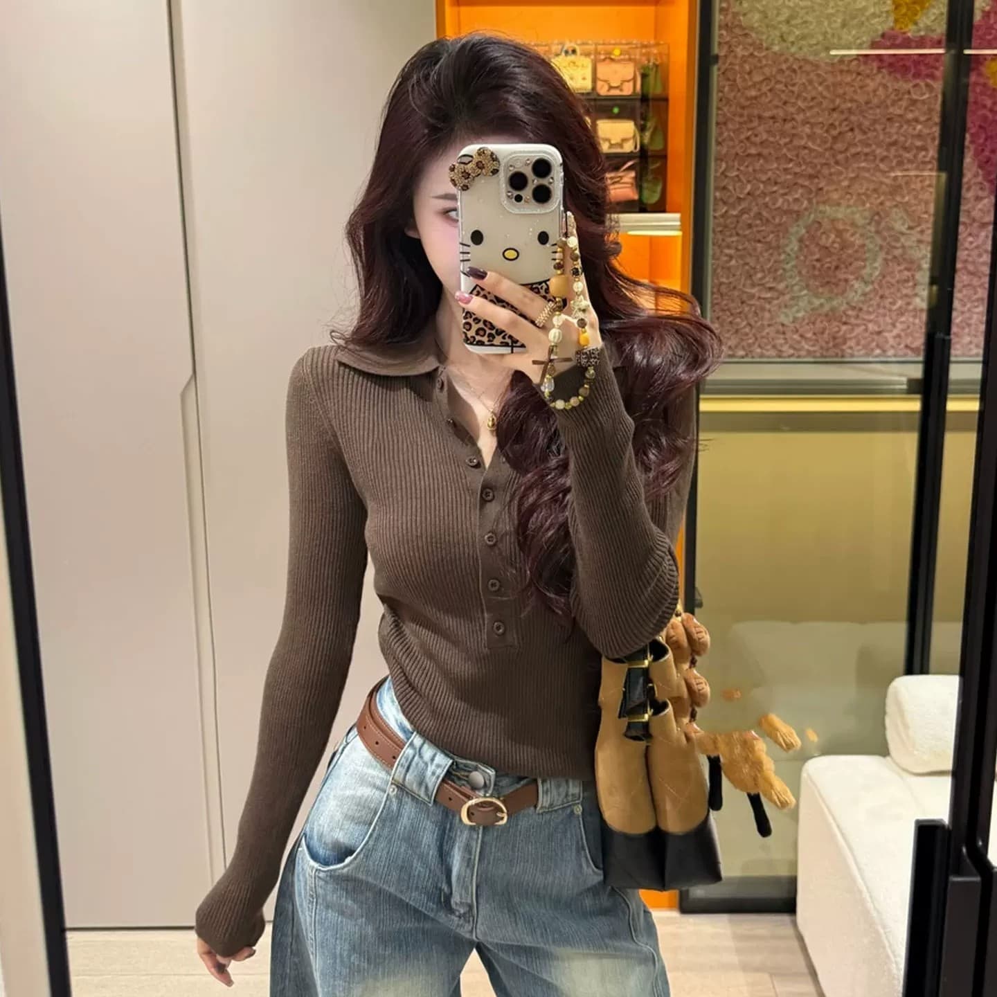 한 부서 황색 폴로 칼라 단추 니트 스웨터 여성 조기 가을 긴팔 몸매 가꾸기 슬림해 보이는 고급 센스 고유 한 스웨터 맨위 상세 이미지 3