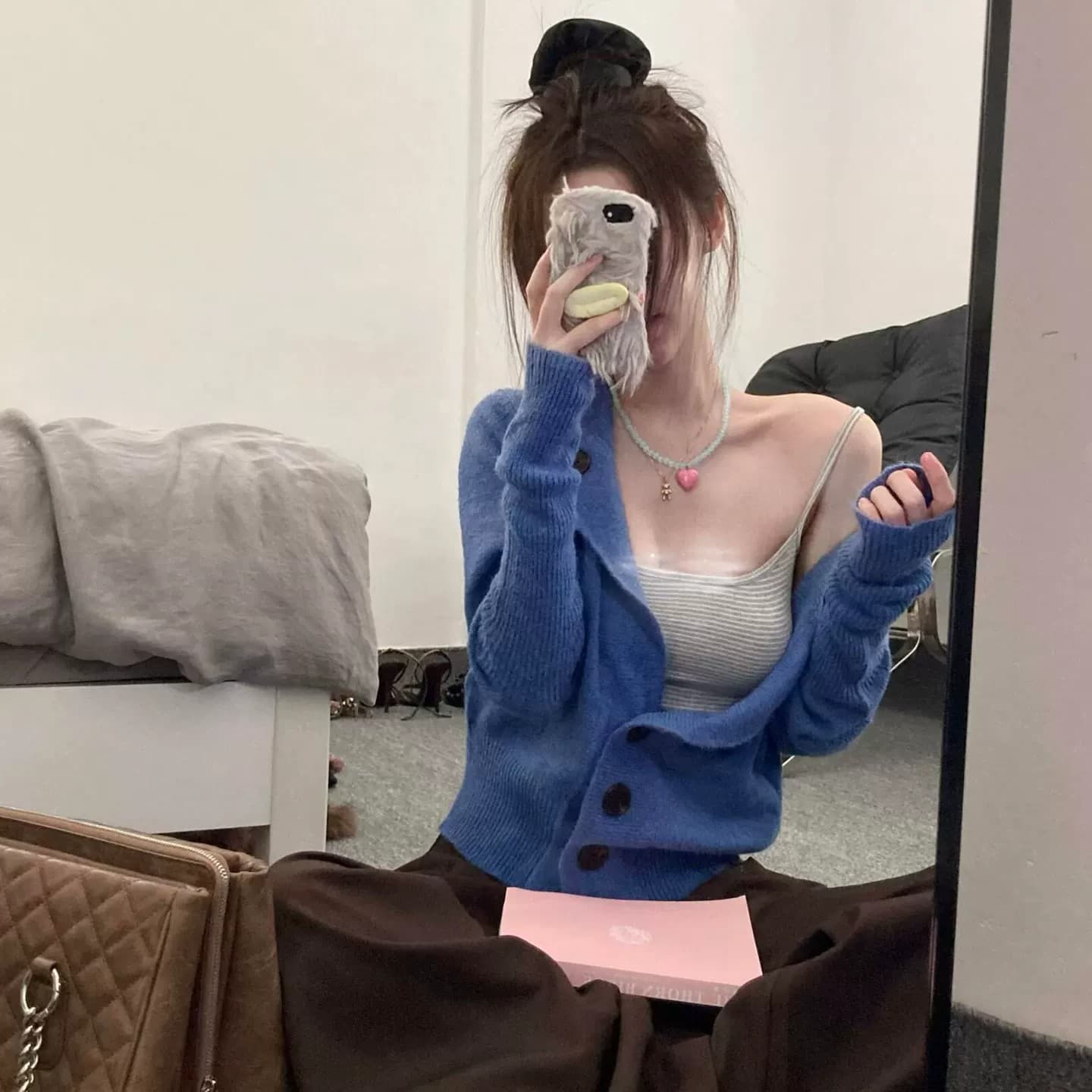 한 부서 파란색 모헤어 니트 오픈 가디건 여성 이른 가을 느긋한 바람 허리 수축 슬림해 보이는 분위기 센스 외국 가스 스웨터 코트 상세 이미지 4