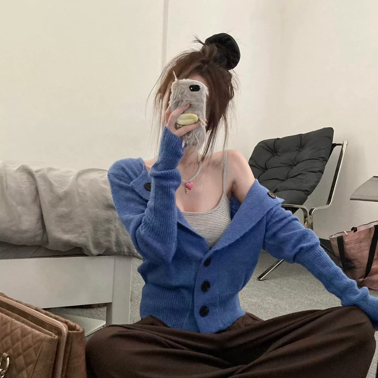 한 부서 파란색 모헤어 니트 오픈 가디건 여성 이른 가을 느긋한 바람 허리 수축 슬림해 보이는 분위기 센스 외국 가스 스웨터 코트 상세 이미지 5