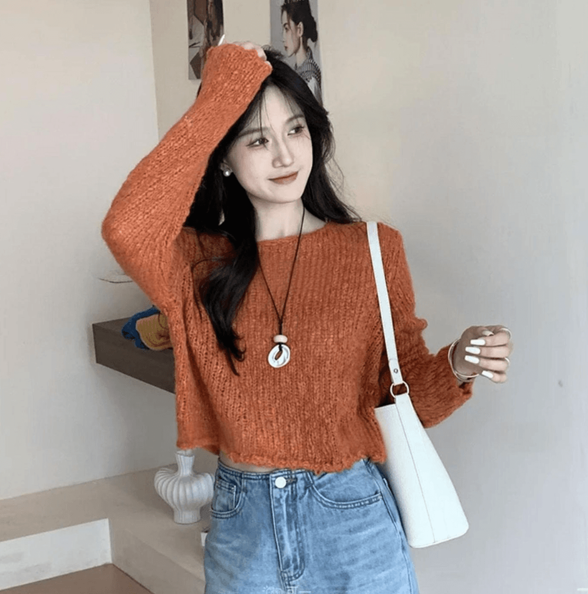 한국 스타일 라운드 넥 홀로우 아웃 긴팔 니트 스웨터 여성 가을 섹션 느긋한 바람 외국 가스 다용도 슈퍼 잘 생긴 스웨터 상세 이미지 6