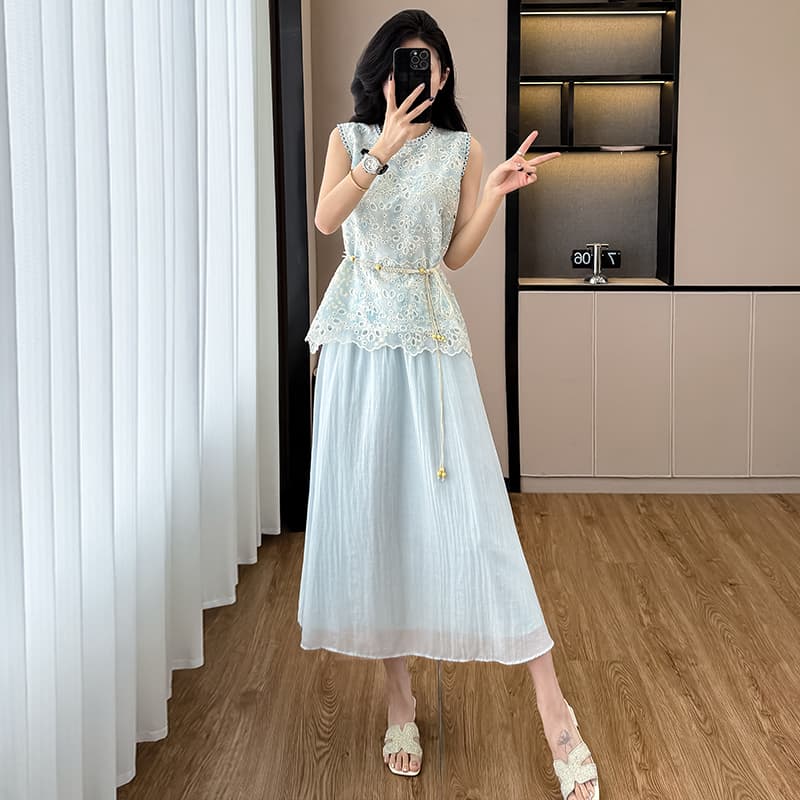 프랑스식 레이스 홀로우 아웃 두 조각 여성 드레스 여름 새로운 연령 감소 부드러운 휴가 바람 민소매 품격 롱 스커트 이미지 2