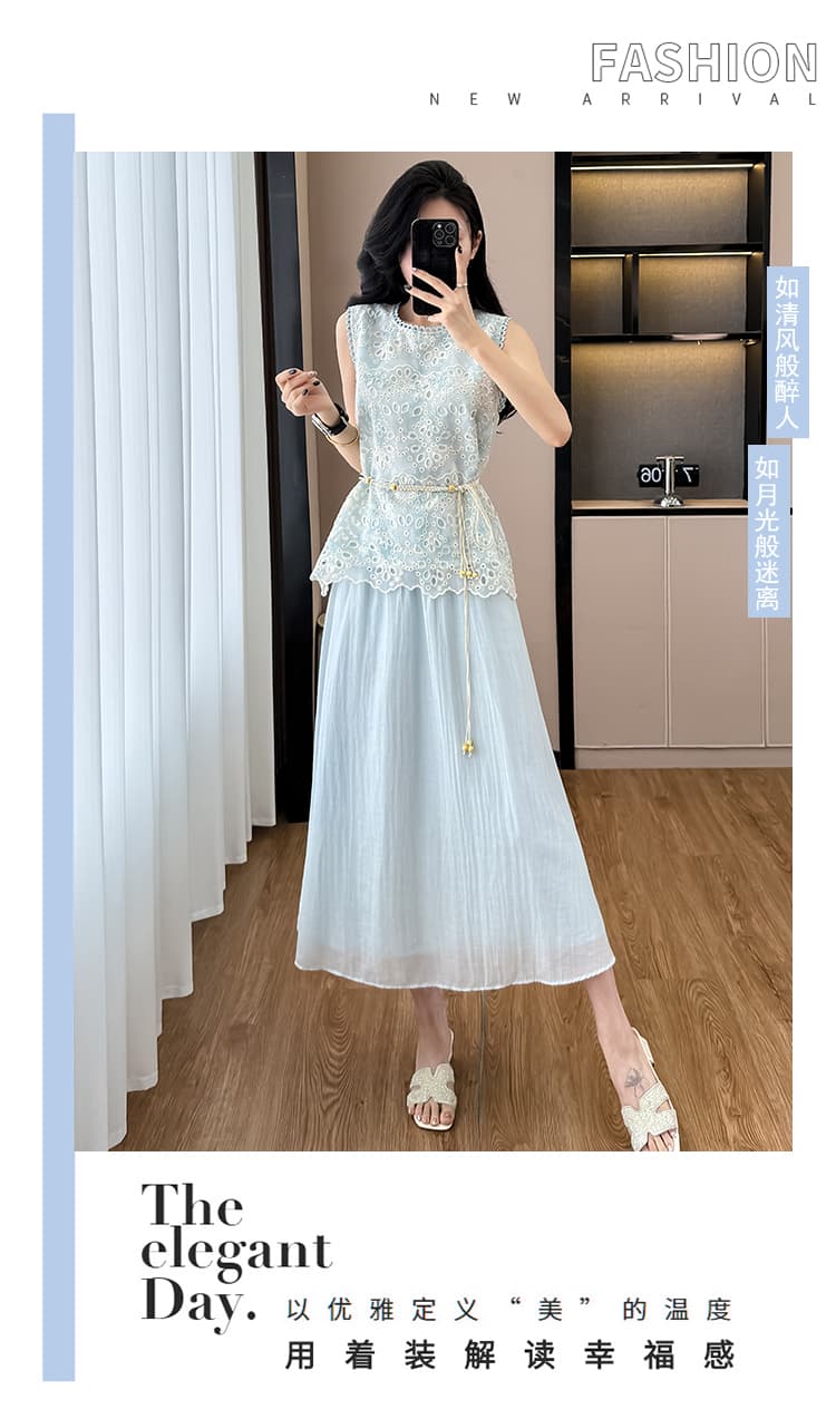 프랑스식 레이스 홀로우 아웃 두 조각 여성 드레스 여름 새로운 연령 감소 부드러운 휴가 바람 민소매 품격 롱 스커트 상세 이미지 1