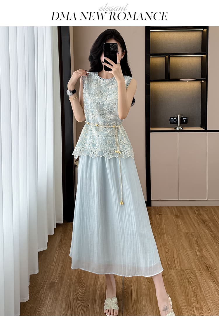 프랑스식 레이스 홀로우 아웃 두 조각 여성 드레스 여름 새로운 연령 감소 부드러운 휴가 바람 민소매 품격 롱 스커트 상세 이미지 12