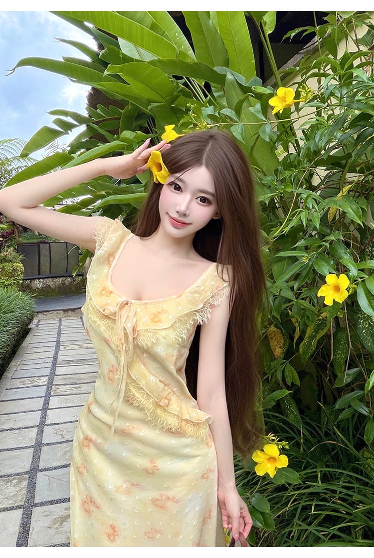 휴가 바람 세트 긴팔 얇은 스타일 카디건 코트 여성 의류 봄 황색 슬립 드레스 부드러운 바람 투피스 세트 상세 이미지 20