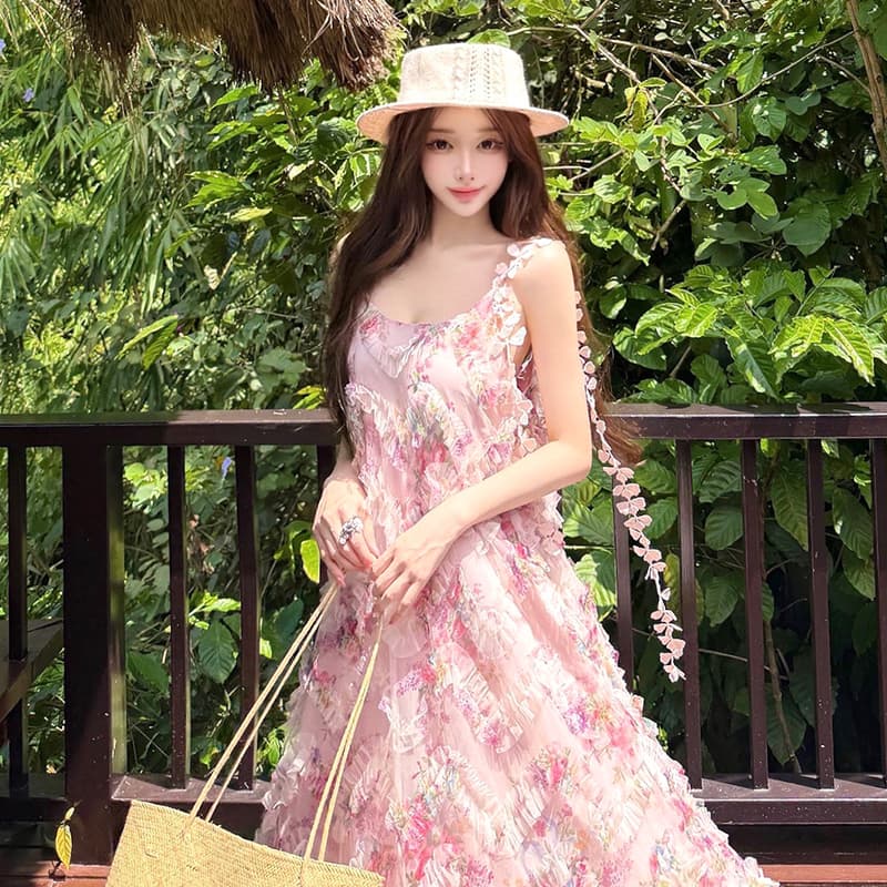 분홍색 잉크 꽃 그림자 프랑스식 꽃무늬 슬립 여성 드레스 여름 부드러운 바람 허리 수축 슬림해 보이는 해변가 휴가 롱 스커트 이미지 2