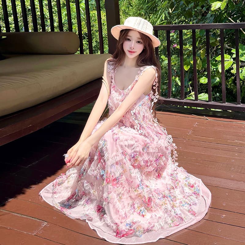 분홍색 잉크 꽃 그림자 프랑스식 꽃무늬 슬립 여성 드레스 여름 부드러운 바람 허리 수축 슬림해 보이는 해변가 휴가 롱 스커트 이미지 5