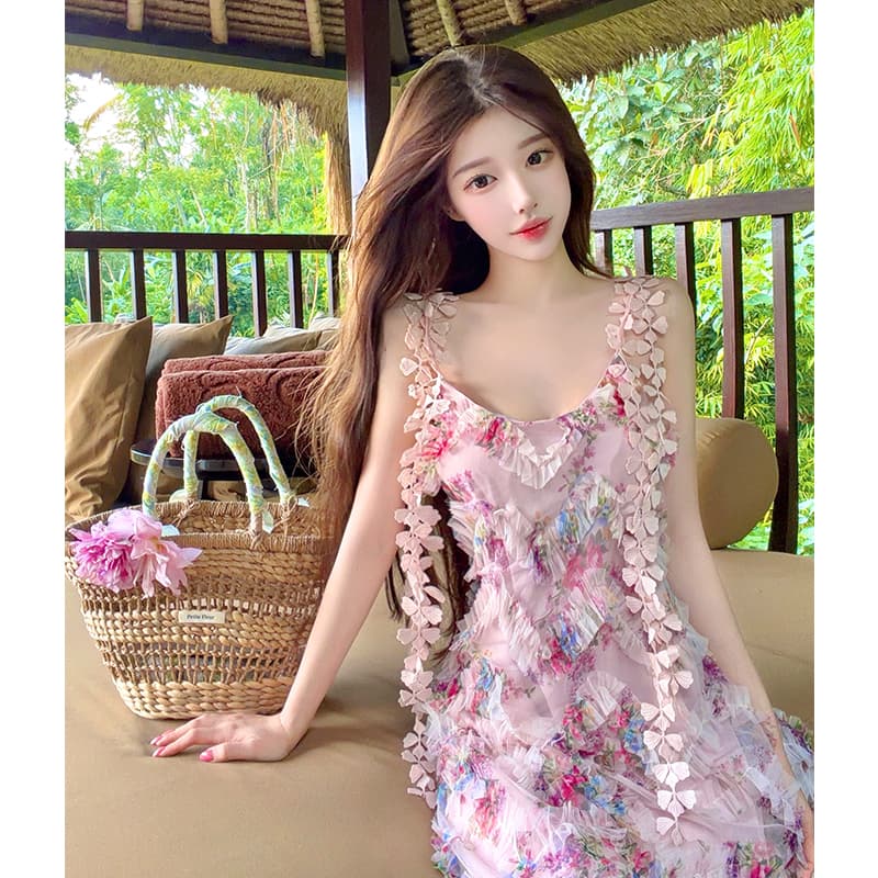 분홍색 잉크 꽃 그림자 프랑스식 꽃무늬 슬립 여성 드레스 여름 부드러운 바람 허리 수축 슬림해 보이는 해변가 휴가 롱 스커트 이미지 6