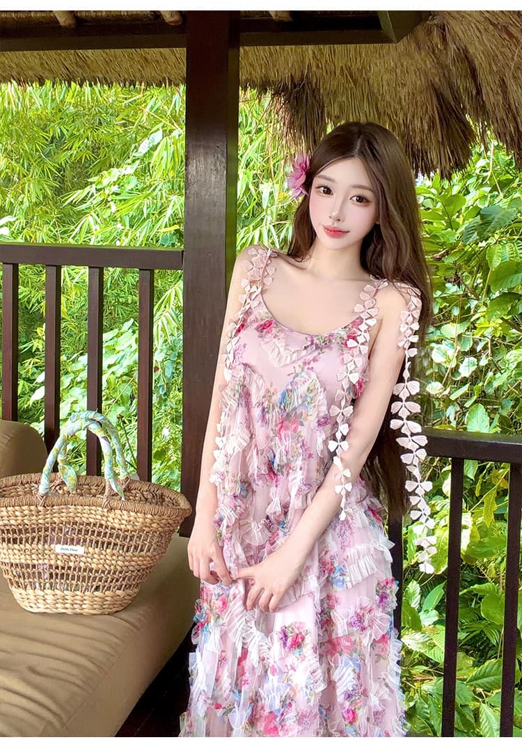 분홍색 잉크 꽃 그림자 프랑스식 꽃무늬 슬립 여성 드레스 여름 부드러운 바람 허리 수축 슬림해 보이는 해변가 휴가 롱 스커트 상세 이미지 15