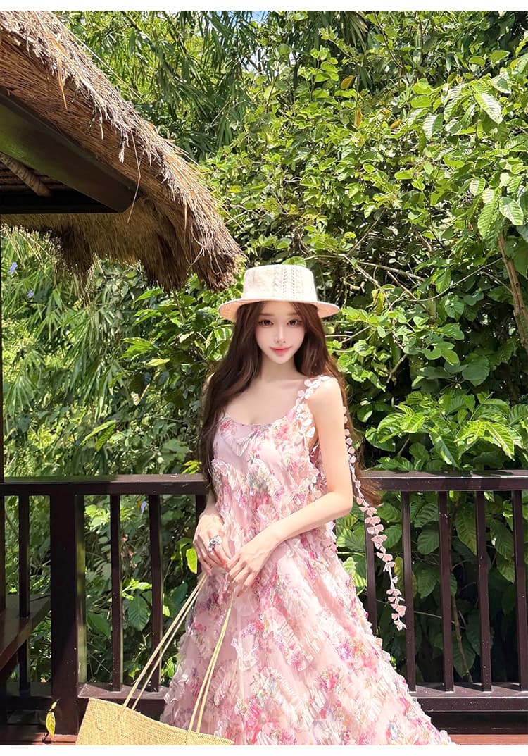 분홍색 잉크 꽃 그림자 프랑스식 꽃무늬 슬립 여성 드레스 여름 부드러운 바람 허리 수축 슬림해 보이는 해변가 휴가 롱 스커트 상세 이미지 18