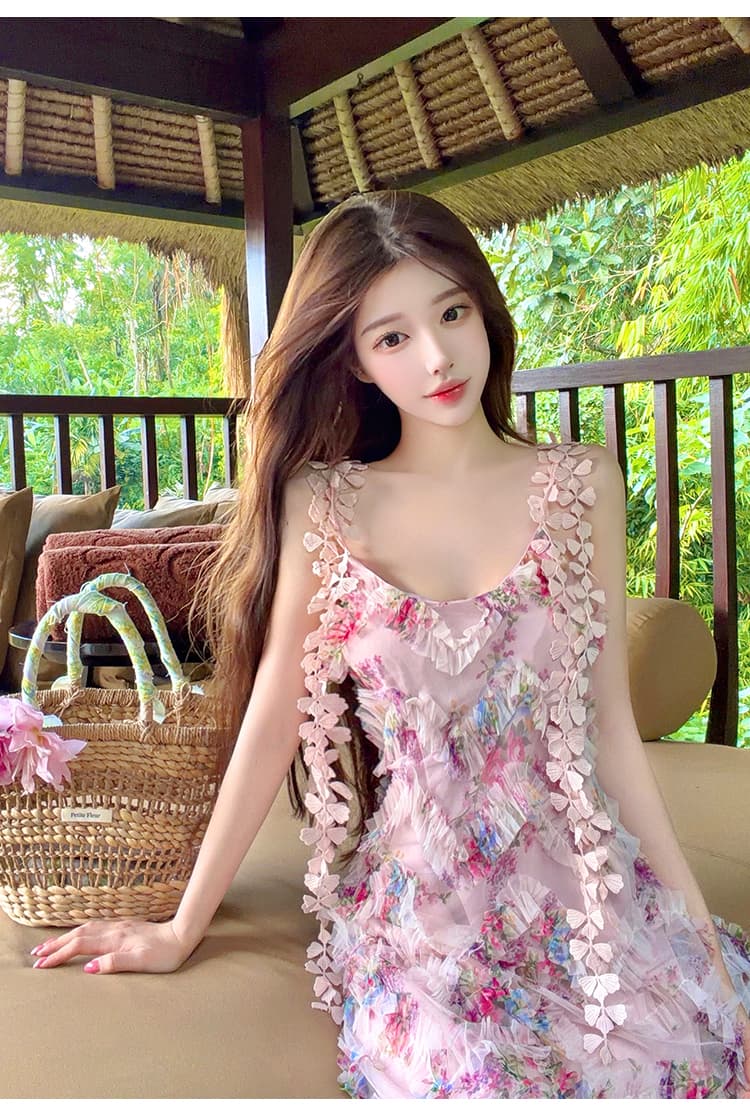분홍색 잉크 꽃 그림자 프랑스식 꽃무늬 슬립 여성 드레스 여름 부드러운 바람 허리 수축 슬림해 보이는 해변가 휴가 롱 스커트 상세 이미지 20