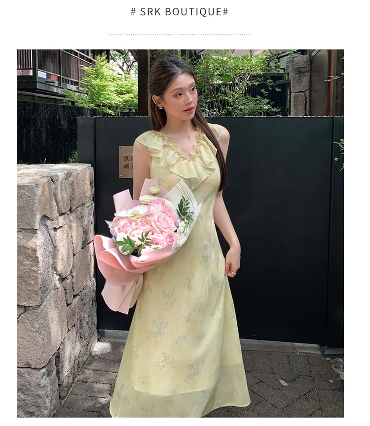 2026 여름 새로운 프랑스식 허리 수축 여성 드레스 품격 슬림해 보이는 롱 코트 황록색 색온도 부드러운 바람 휴가 롱 스커트 상세 이미지 4