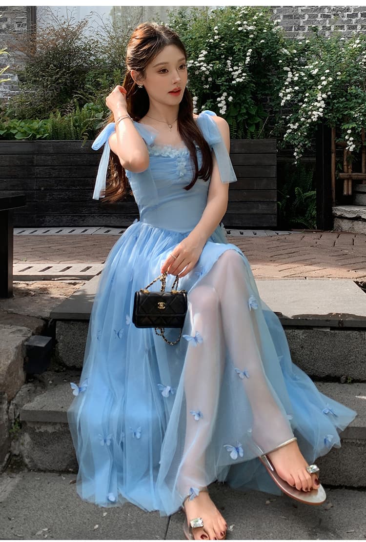 여름 새로운 프랑스식 부드러운 바람 파란색 망사 여성 드레스 허리 수축 슬림해 보이는 품격 롱 코트 요정 치마 상세 이미지 11