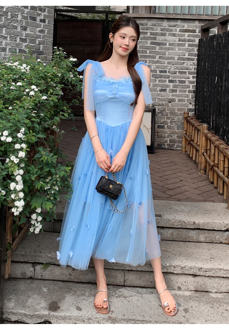 여름 새로운 프랑스식 부드러운 바람 파란색 망사 여성 드레스 허리 수축 슬림해 보이는 품격 롱 코트 요정 치마 상세 이미지 14