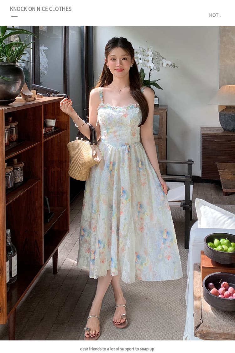 프랑스식 슬립 꽃무늬 여성 드레스 여름 허리 수축 품격 롱 코트 부드러운 바람 요정 치마 휴가 해변 드레스 상세 이미지 17