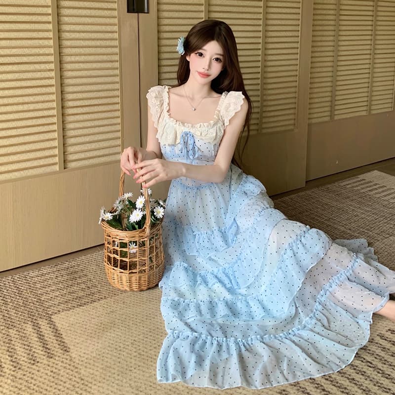 도망자 공주 파란색 꽃무늬 오프숄더 롱 스커트 여성 프랑스식 허리 수축 슬림해 보이는 품격 드레스 여름 새로운 이미지 5