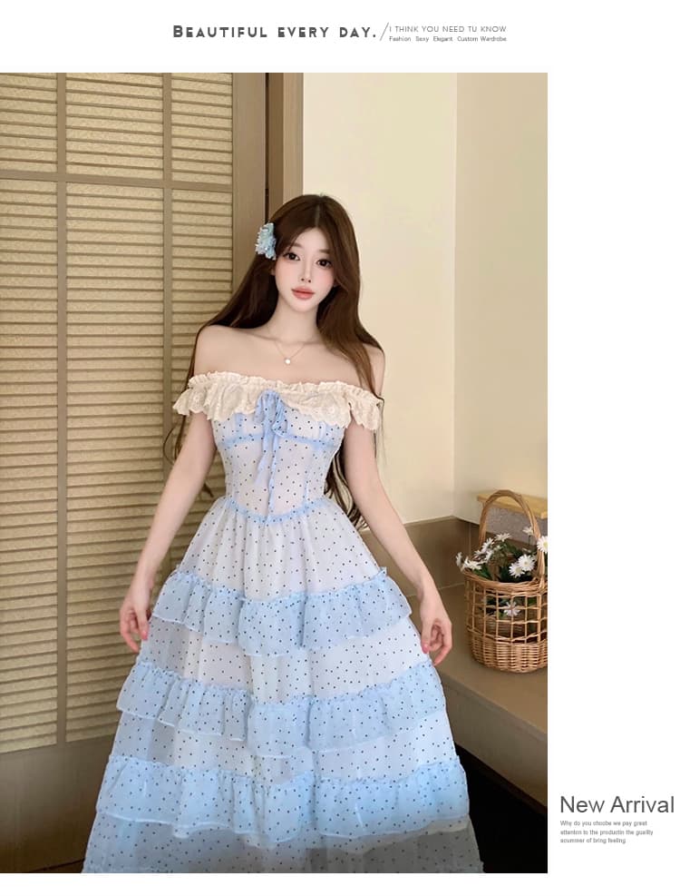 도망자 공주 파란색 꽃무늬 오프숄더 롱 스커트 여성 프랑스식 허리 수축 슬림해 보이는 품격 드레스 여름 새로운 상세 이미지 10