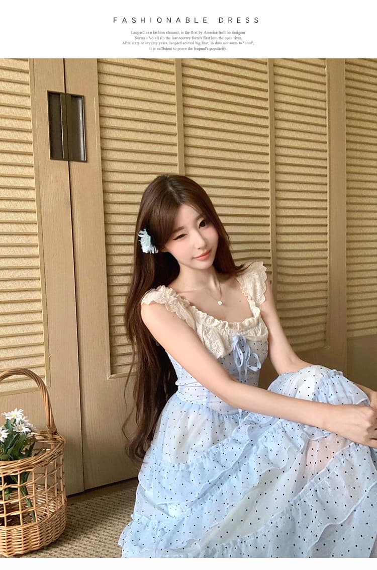 도망자 공주 파란색 꽃무늬 오프숄더 롱 스커트 여성 프랑스식 허리 수축 슬림해 보이는 품격 드레스 여름 새로운 상세 이미지 14