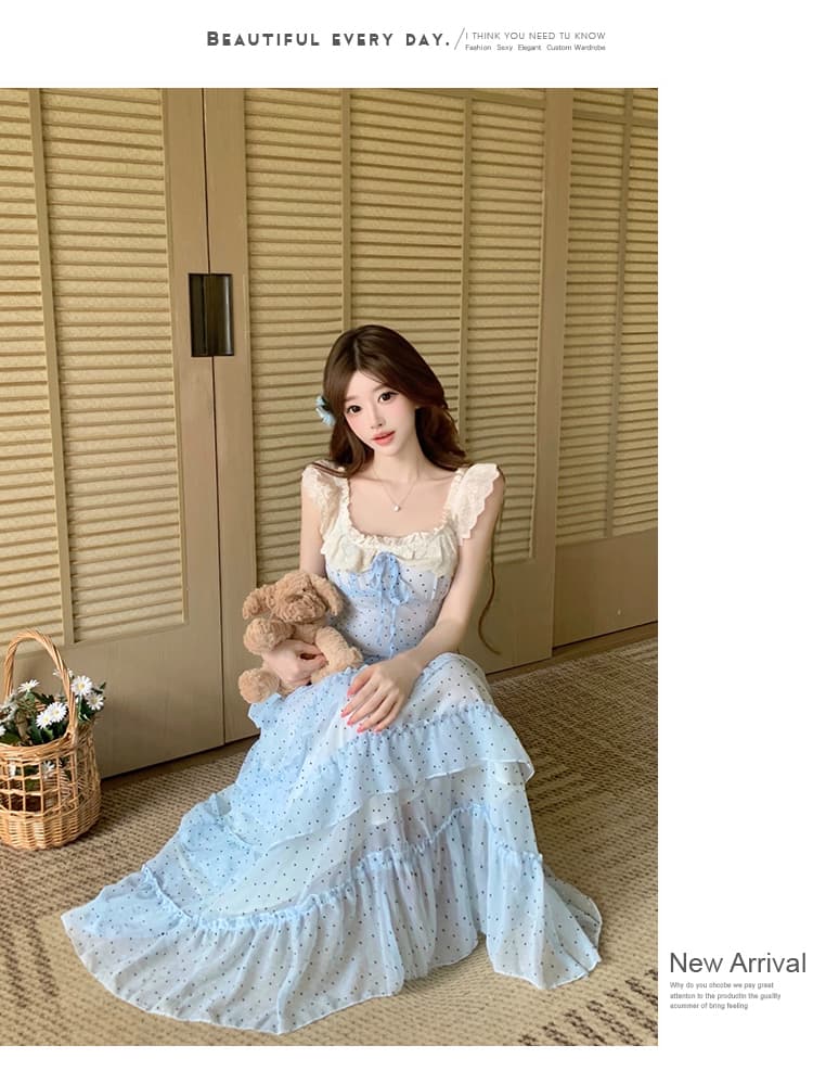 도망자 공주 파란색 꽃무늬 오프숄더 롱 스커트 여성 프랑스식 허리 수축 슬림해 보이는 품격 드레스 여름 새로운 상세 이미지 17