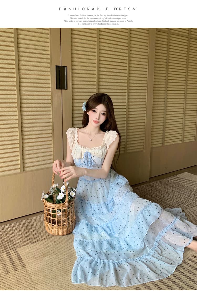 도망자 공주 파란색 꽃무늬 오프숄더 롱 스커트 여성 프랑스식 허리 수축 슬림해 보이는 품격 드레스 여름 새로운 상세 이미지 19