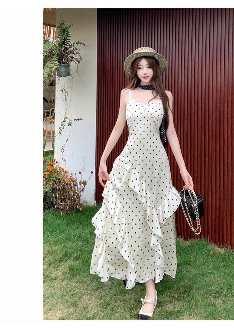 휴가 바람 프랑스식 도트 무늬 슬립 여성 드레스 여름 프릴 슈퍼 요정 치마 몸매 가꾸기 허리 수축 한 마디 롱 스커트 상세 이미지 17