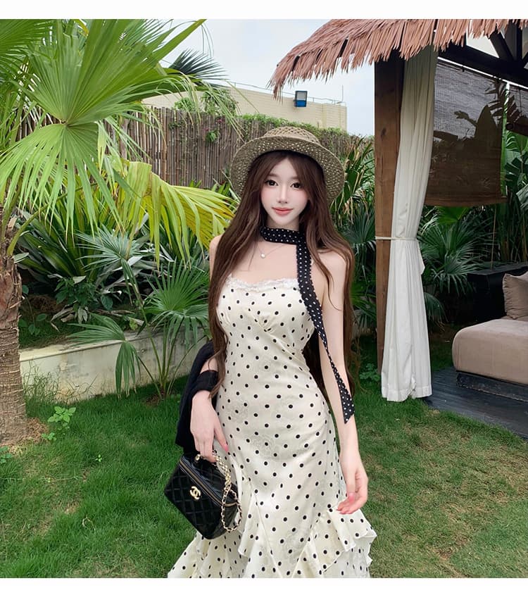 휴가 바람 프랑스식 도트 무늬 슬립 여성 드레스 여름 프릴 슈퍼 요정 치마 몸매 가꾸기 허리 수축 한 마디 롱 스커트 상세 이미지 20