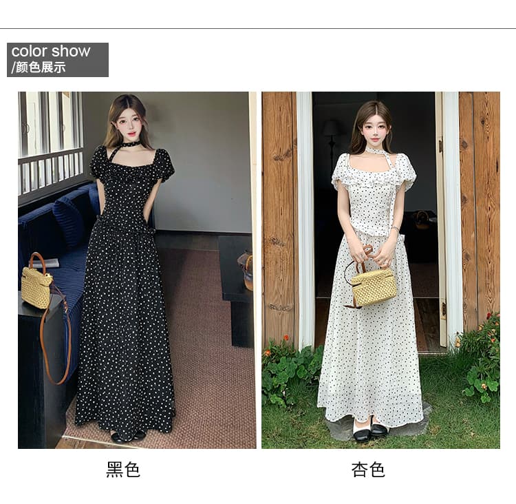 프랑스식 오프숄더 화이트 큰 진자 여성 드레스 허리 수축 슬림해 보이는 롱 코트 부드러운 바람 휴가 도트 무늬 치마 상세 이미지 12