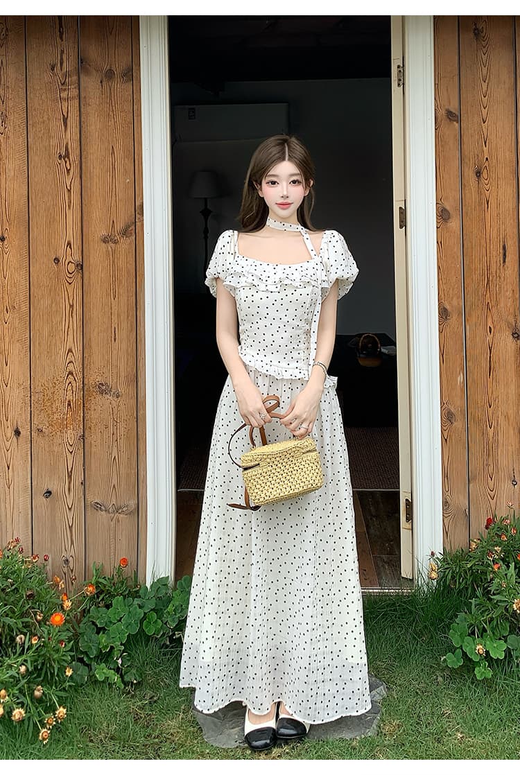 프랑스식 오프숄더 화이트 큰 진자 여성 드레스 허리 수축 슬림해 보이는 롱 코트 부드러운 바람 휴가 도트 무늬 치마 상세 이미지 21