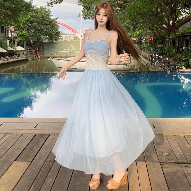 프랑스식 부드러운 바람 레이스 슬립 드레스 여름 새로운 허리 수축 슬림해 보이는 해변가 휴가 바람을 피우다 롱 코트 거즈 스커트 이미지 2