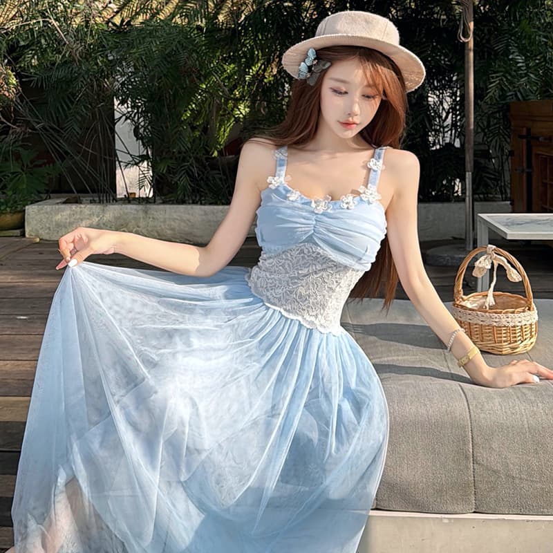프랑스식 부드러운 바람 레이스 슬립 드레스 여름 새로운 허리 수축 슬림해 보이는 해변가 휴가 바람을 피우다 롱 코트 거즈 스커트 이미지 5