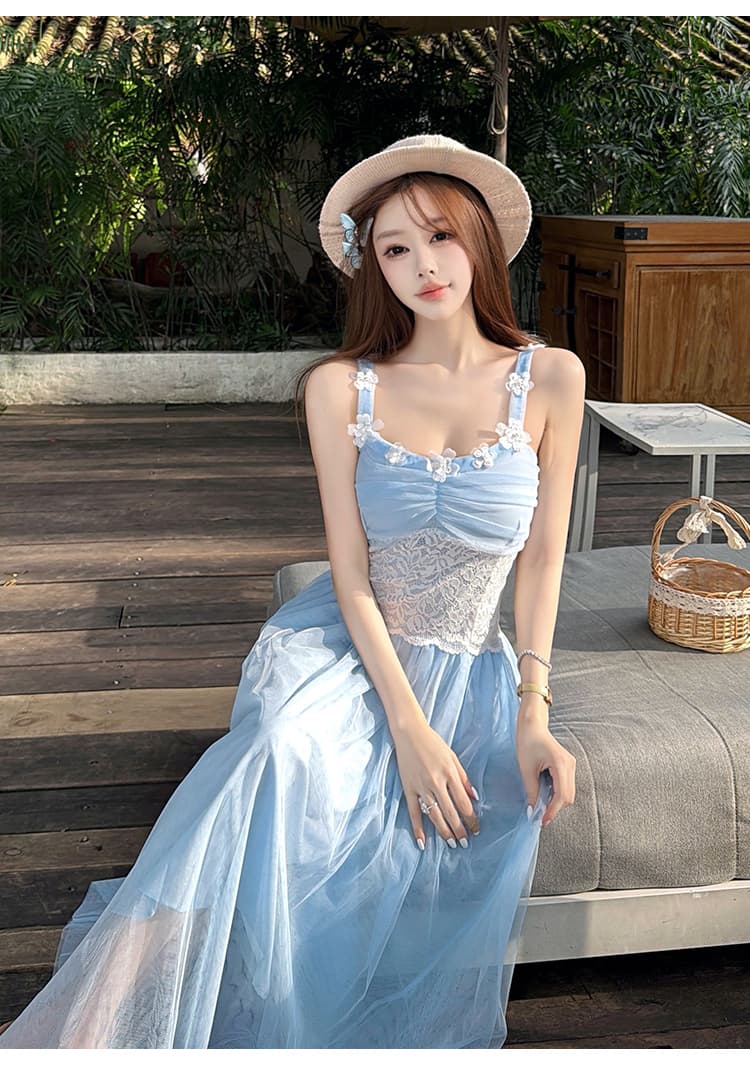 프랑스식 부드러운 바람 레이스 슬립 드레스 여름 새로운 허리 수축 슬림해 보이는 해변가 휴가 바람을 피우다 롱 코트 거즈 스커트 상세 이미지 24