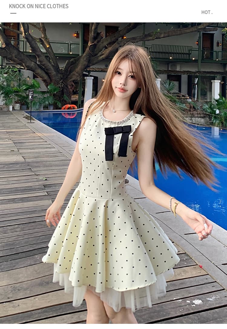 달콤함 우유 화이트 공주 드레스 천 골드 센스 민소매 조끼 여성 드레스 여름 생일 치마 도트 무늬 미니 스커트 상세 이미지 27