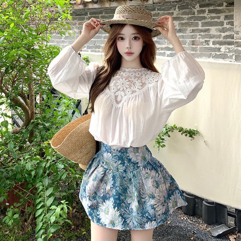 프랑스식 작은 샤넬 스타일 홀로우 아웃 레이스 조각 벌룬 소매 여성 셔츠 2026 여름 하이웨이스트 자카드 한 마디 치마 세트 이미지 2