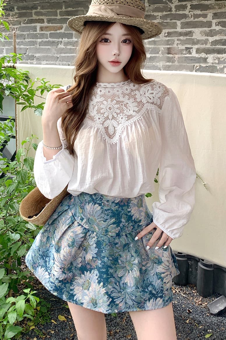 프랑스식 작은 샤넬 스타일 홀로우 아웃 레이스 조각 벌룬 소매 여성 셔츠 2026 여름 하이웨이스트 자카드 한 마디 치마 세트 이미지 7