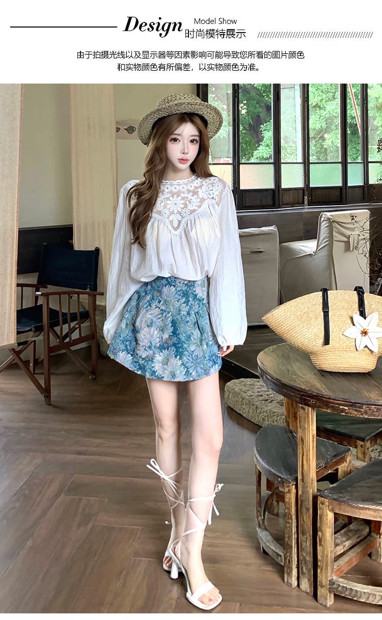 프랑스식 작은 샤넬 스타일 홀로우 아웃 레이스 조각 벌룬 소매 여성 셔츠 2026 여름 하이웨이스트 자카드 한 마디 치마 세트 상세 이미지 11