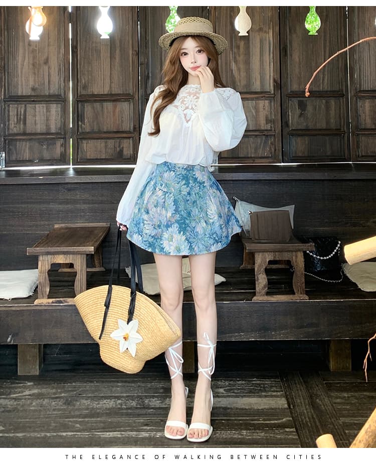 프랑스식 작은 샤넬 스타일 홀로우 아웃 레이스 조각 벌룬 소매 여성 셔츠 2026 여름 하이웨이스트 자카드 한 마디 치마 세트 상세 이미지 12