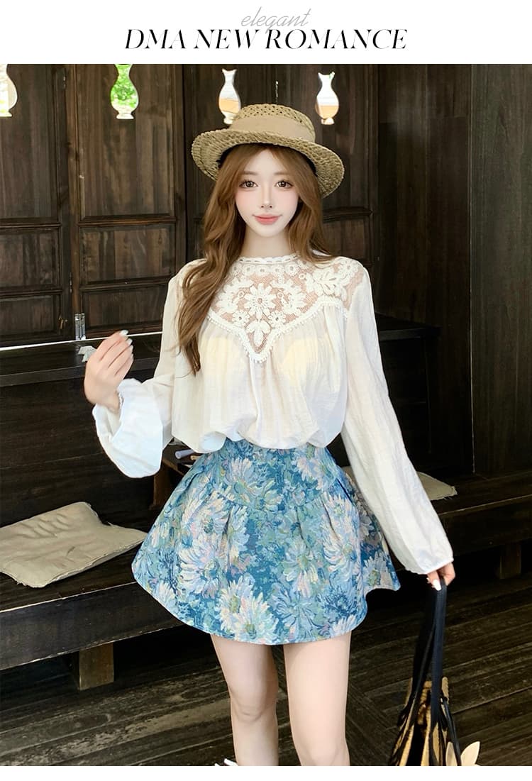 프랑스식 작은 샤넬 스타일 홀로우 아웃 레이스 조각 벌룬 소매 여성 셔츠 2026 여름 하이웨이스트 자카드 한 마디 치마 세트 상세 이미지 14