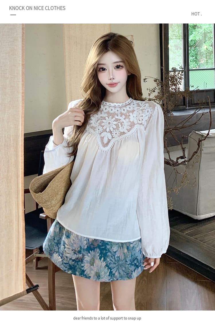 프랑스식 작은 샤넬 스타일 홀로우 아웃 레이스 조각 벌룬 소매 여성 셔츠 2026 여름 하이웨이스트 자카드 한 마디 치마 세트 상세 이미지 17
